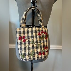 Summer Tompkins Black/Natural Straw Bag with Red Embroidered Flowers